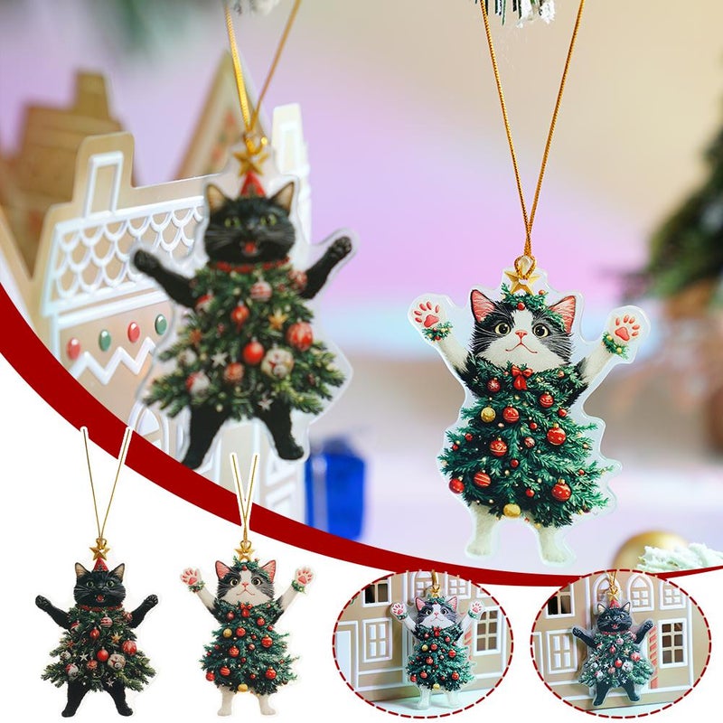 Cute Acrylic Christmas Cat Ornament – 8x6cm Festive Holiday Decoration, Fun Black Cat in Tree Design, Perfect for Pet Lovers & Gift Giving (Black + White) - Image 2